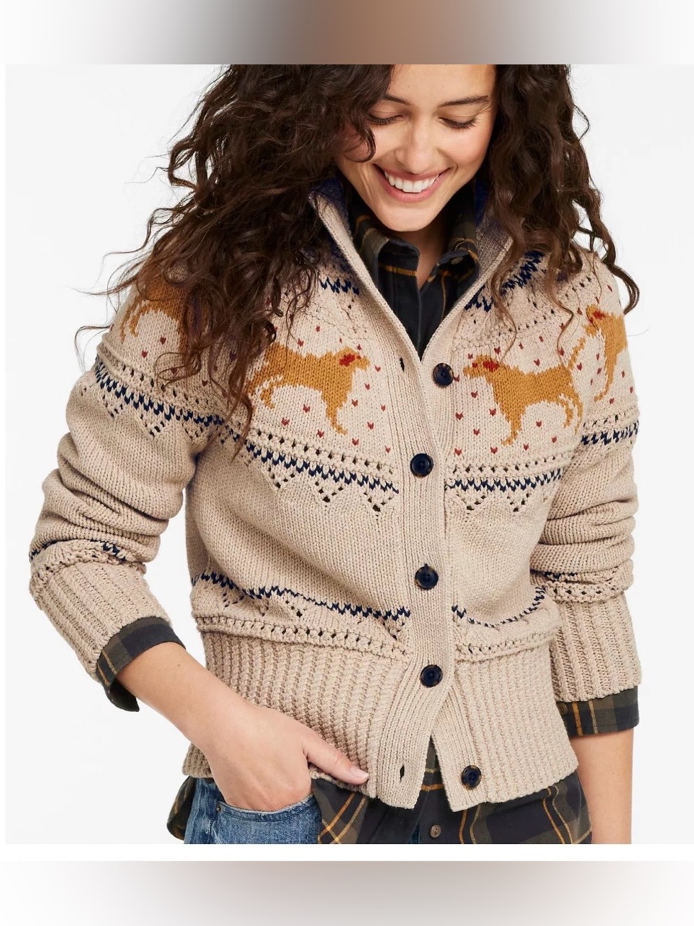 L.L. Bean Women's Signature Cotton Fisherman Sweater Cardigan Fair Isle Dog XL R
